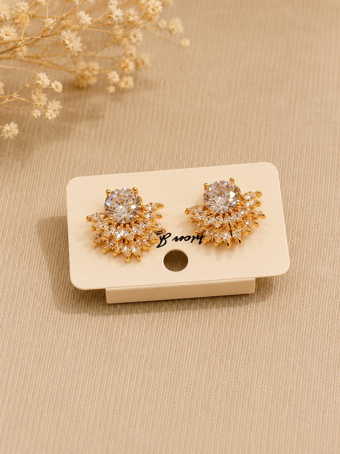 Designer American Diamond Floral Stud Earrings with Gold Finish
