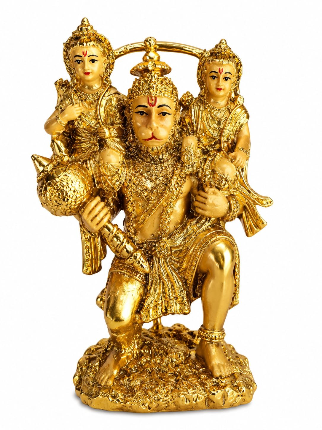 Hanuman is shown in a kneeling or sitting posture, carrying both Rama and Lakshmana, often holding his signature mace (Gada) in one hand. Hanuman