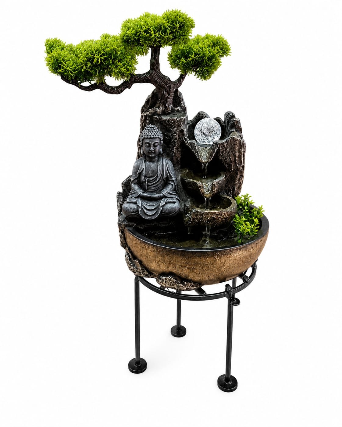 Buddha Water Fountain with a Bonsai Tree and Rotating Crystal Ball.