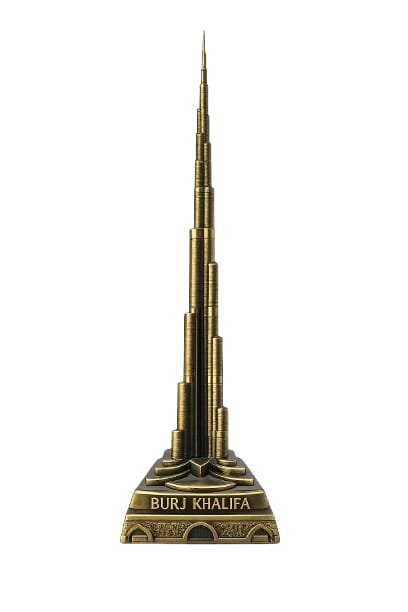 Design: The model captures the iconic bundled tube structure and tapering spiral design that characterizes the actual landmark.Finish: It is typically crafted with an antique bronze or metallic finish, giving it a sophisticated, vintage appearance.Base: The replica stands on a sturdy triangular pedestal which prominently features the name "BURJ KHALIFA" embossed on its side.Material: These models are commonly made from durable metal alloys, such as zinc or iron, ensuring a premium feel and lasting quality. Burj Khalifa