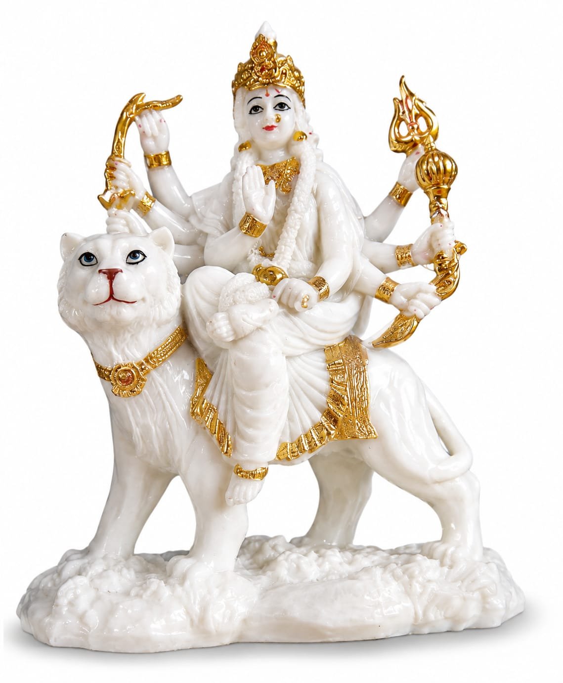 Goddess Durga White Marble and Gold Idol