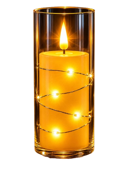 This image features an elegant, flameless LED pillar candle housed inside a clear, tall cylinder vase made of amber-tinted glass. The candle itself is cream-colored and sits upright, topped with a faux flame that glows with a bright, warm golden light. Wrapping tightly around the body of the pillar candle is a delicate metallic wire strand of warm white fairy lights, which add extra points of sparkling illumination. The overall lighting creates a cozy, romantic, and modern ambiance, perfect for home decor or events.
To help you further, would you like me to find where to purchase a candle like this, suggest decor ideas for styling it, or provide information on its battery life and features?
glowing LED flame