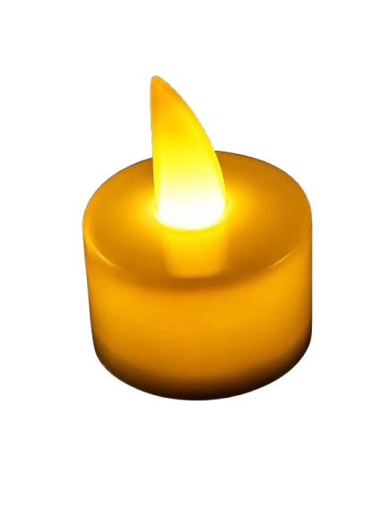A glowing yellow battery-operated LED tea light candle with a realistic flame-shaped bulb.