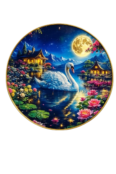 This image features an ethereal, vibrant night scene within a circular frame, often described as a "Swan Symphony" or "Moonlight Swan Lake". It depicts a graceful white swan gliding across a tranquil pond illuminated by a radiant, large full moon and a starlit sky. Swan wall Sticker