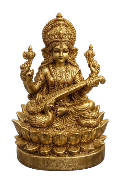 This specific idol is often crafted from materials like pure brass or high-quality polystone with a gold-plated or antique brass finish. Such statues are commonly used for worship (pooja) in homes, study rooms, or offices to foster positive energy and intellectual success Goddess Saraswati,
