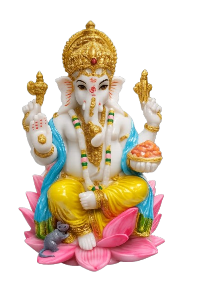 Elephant Head: Symbolizes supreme wisdom, intellect, and big thinking.Large Ears: Represent the importance of listening more and understanding deeply.Four Arms: Represent the four functional aspects of the inner self: mind, intellect, ego, and conditioned conscience.Modak (Sweet): Held in his hand, it represents the "sweetness" of spiritual knowledge and the rewards of a life of service.Lotus Base: Ganesha is seated on a pink lotus flower, which signifies purity, rebirth, and spiritual awakening.Mouse (Mushika): Positioned at his feet, the mouse is Ganesha's vehicle (vahana). It represents human desire and the wandering mind that must be controlled through intellect and wisdom.Blessing Gesture (Abhaya Mudra): His raised right hand is a protective gesture offering reassurance and divine blessings to devotees marble Ganesha idol