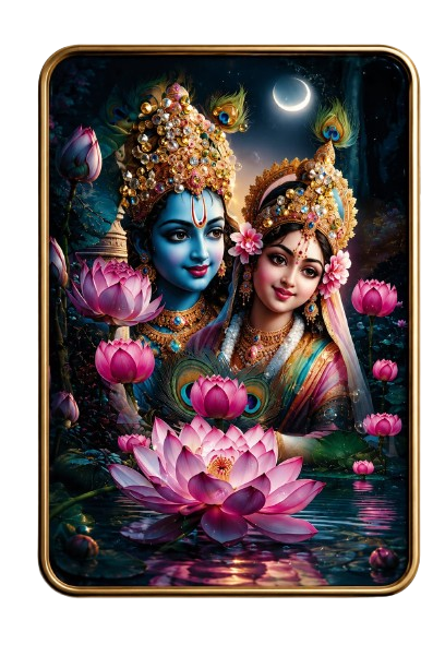 Krishna, on the left, has radiant blue skin, a gentle smile, and wears a massive, highly ornate golden crown studded with multi-colored gems and flanked by peacock feathers. Radha, on the right, smiles softly with warm eyes, adorned in a matching grand crown with pink blossoms tucked into her hair, and wrapped in a colorful, translucent veil. Radha krishna