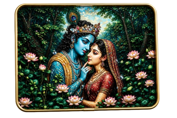 Krishna (Left): Depicted with his traditional blue skin, Krishna gazes tenderly at Radha. He wears an ornate, jewel-encrusted golden crown topped with a signature iridescent peacock feather. His curly black hair frames his face, and he wears intricate pearl necklaces over a gold and teal patterned vestment.Radha (Right): Facing Krishna in profile, Radha looks up into his eyes with a soft smile. She wears a rich crimson sari decorated with gold embroidery and a sheer, matching veil over her head. Her adornments include a delicate gold nose ring, dangling earrings, and a heavy pearl and gold necklace. Radha and Krishna