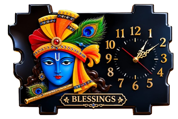 The clock features a vibrant 3D-style depiction of Lord Krishna's face, characterized by deep blue skin and traditional adornments. He wears an ornate golden crown topped with a signature peacock feather and is shown with a golden flute and flowing saffron-colored drapes Lord Krishna