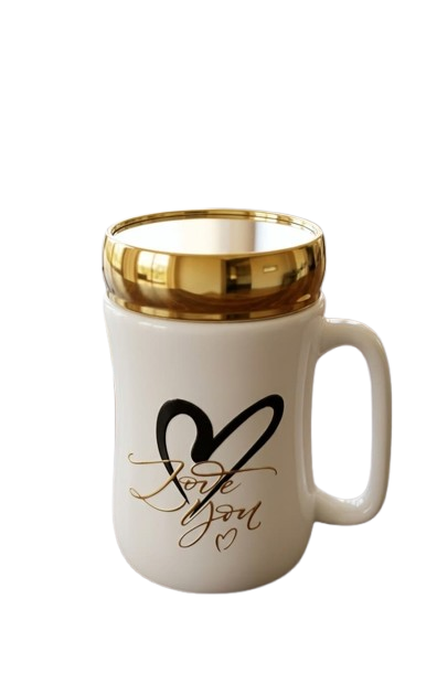 Gold Trimmed "Love You" Ceramic Mug with Mirror Lid