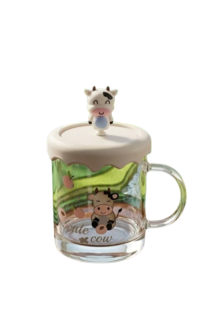 Cute Cow Glass Mug with Figurine Lid