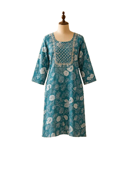 A teal blue women's straight cotton kurti featuring an intricately embroidered square yoke and an all-over white floral leaf pattern, displayed on a wooden mannequin against a white backdrop.