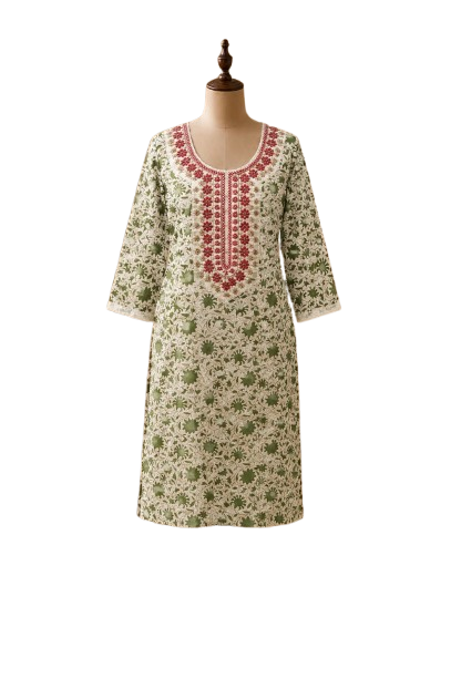 A straight-cut midi tunic dress on a mannequin featuring an all-over olive and sage green floral print on an off-white background, highlighted by an intricate red and white embroidered design around the scoop neckline and matching sleeve borders.