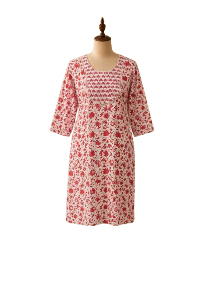 Women's Crimson Red Floral Print Pure Cotton Straight Kurta Tunic with Geometric Lace Embroidered Neckline